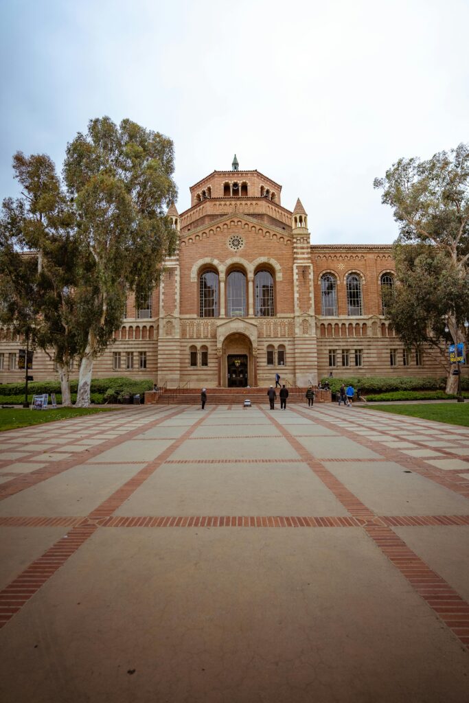 Powell Library's majestic architecture at UCLA campus, Los Angeles.