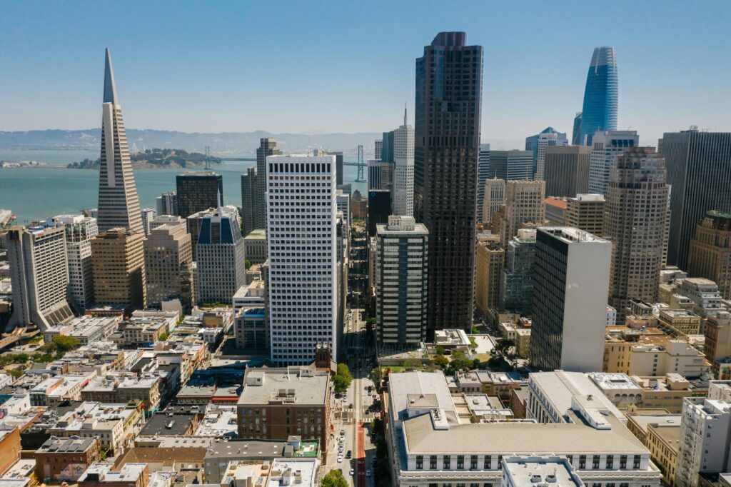 Stunning aerial view of San Francisco's iconic skyline with prominent skyscrapers on a clear day.